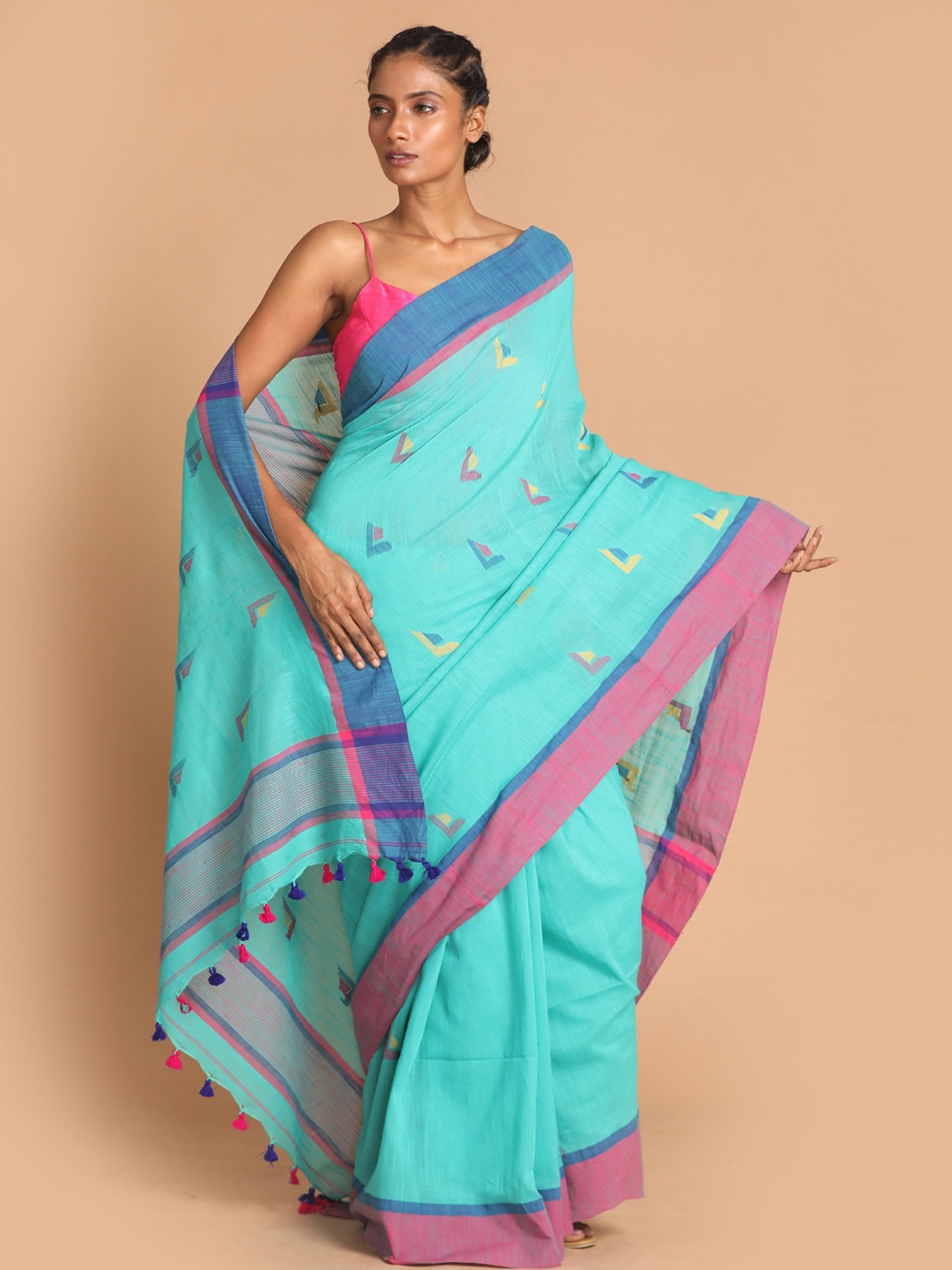 

Indethnic Turquoise Blue & Pink Woven Design Pure Cotton Jamdani Saree