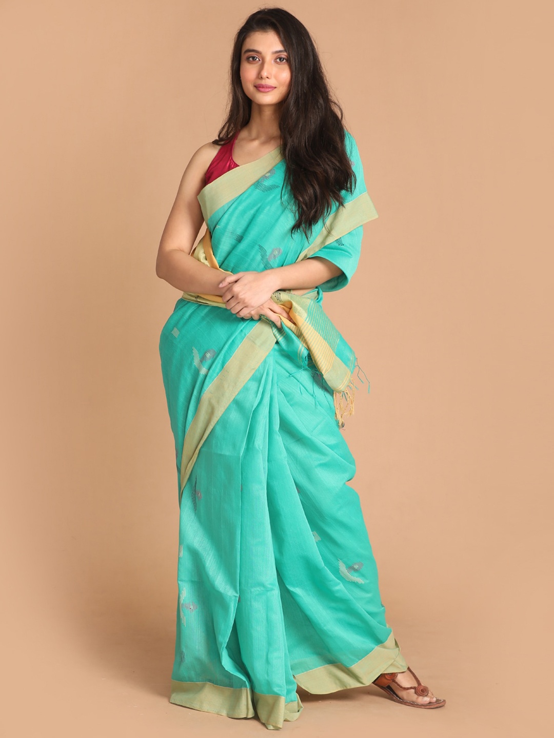 

Indethnic Sea Green & Gold-Toned Ethnic Motifs Jamdani Saree