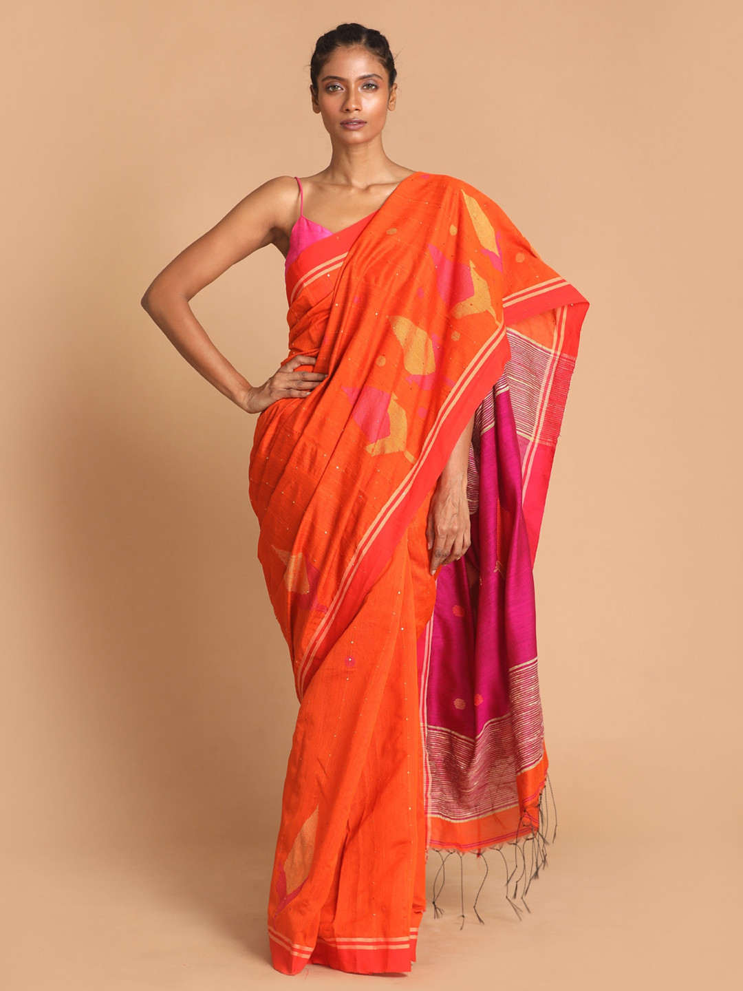 

Indethnic Orange & Magenta Ethnic Motifs Jamdani Saree