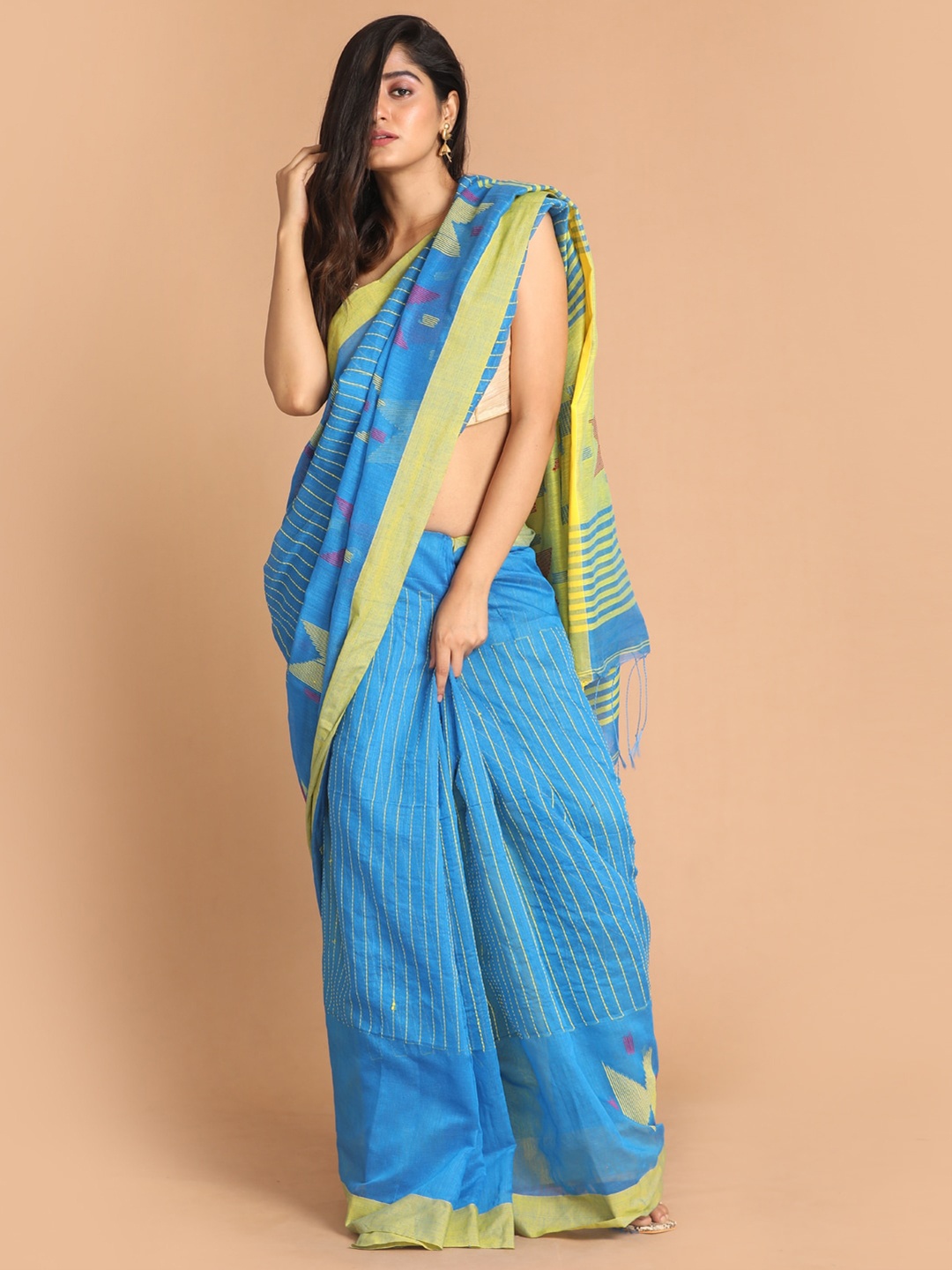 

Indethnic Turquoise Blue & Yellow Woven Design Jamdani Saree