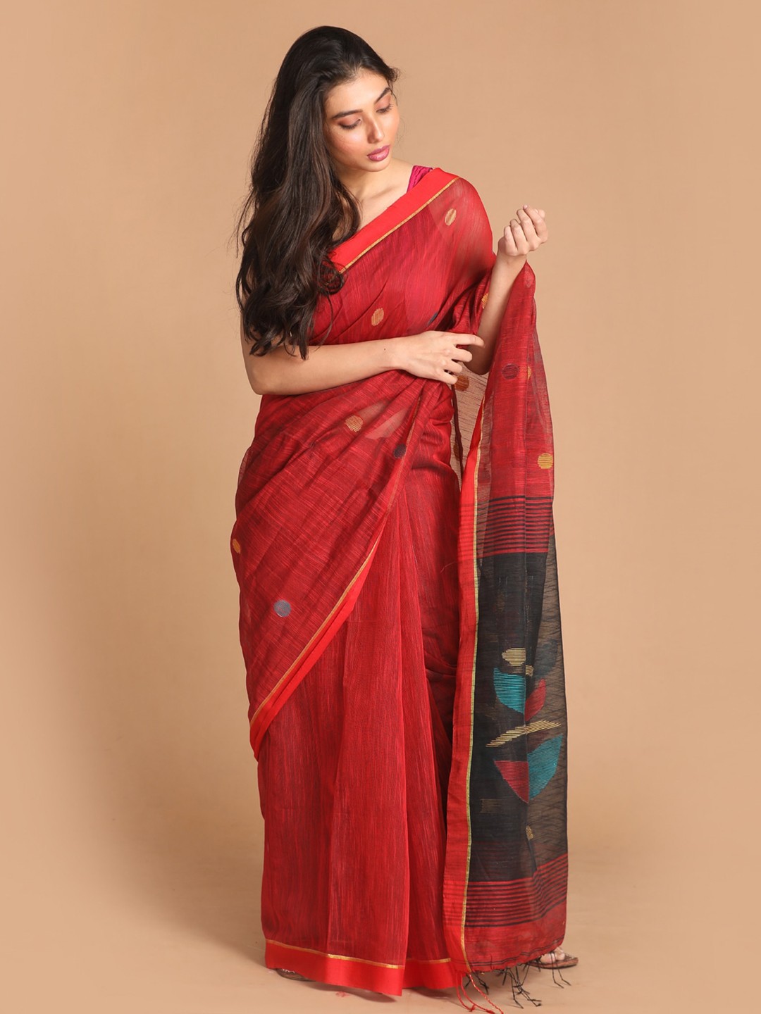 

Indethnic Red & Black Woven Design Jamdani Saree