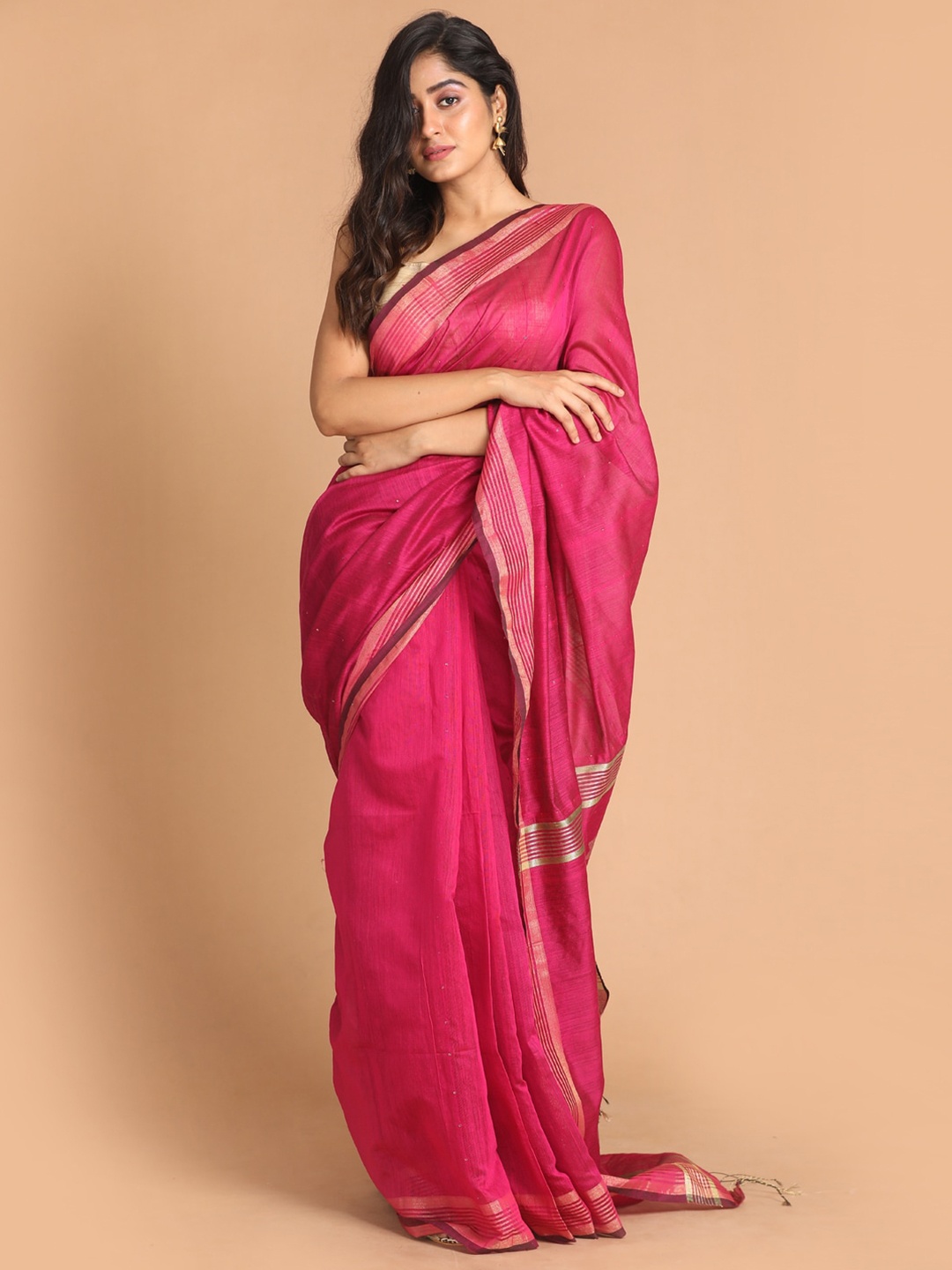 

Indethnic Pink & Gold Woven Design Zari Jamdani Saree