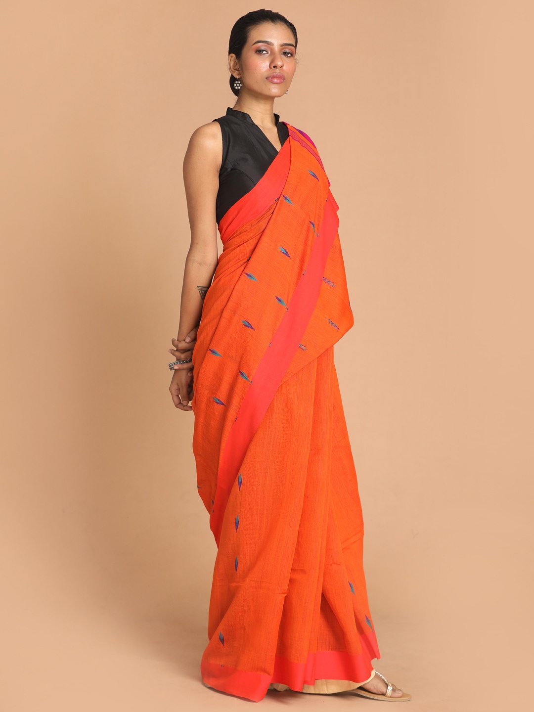 

Indethnic Orange & Blue Ethnic Motifs Jamdani Saree