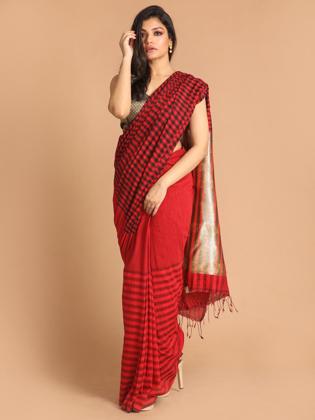 

Indethnic Red & Black Striped Pure Cotton Jamdani Saree