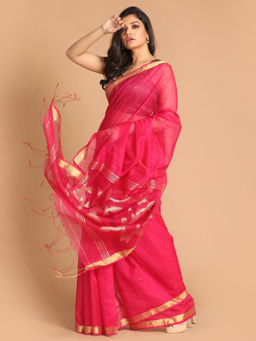 

Indethnic Coral & Gold-Toned Embellished Sequinned Jamdani Saree
