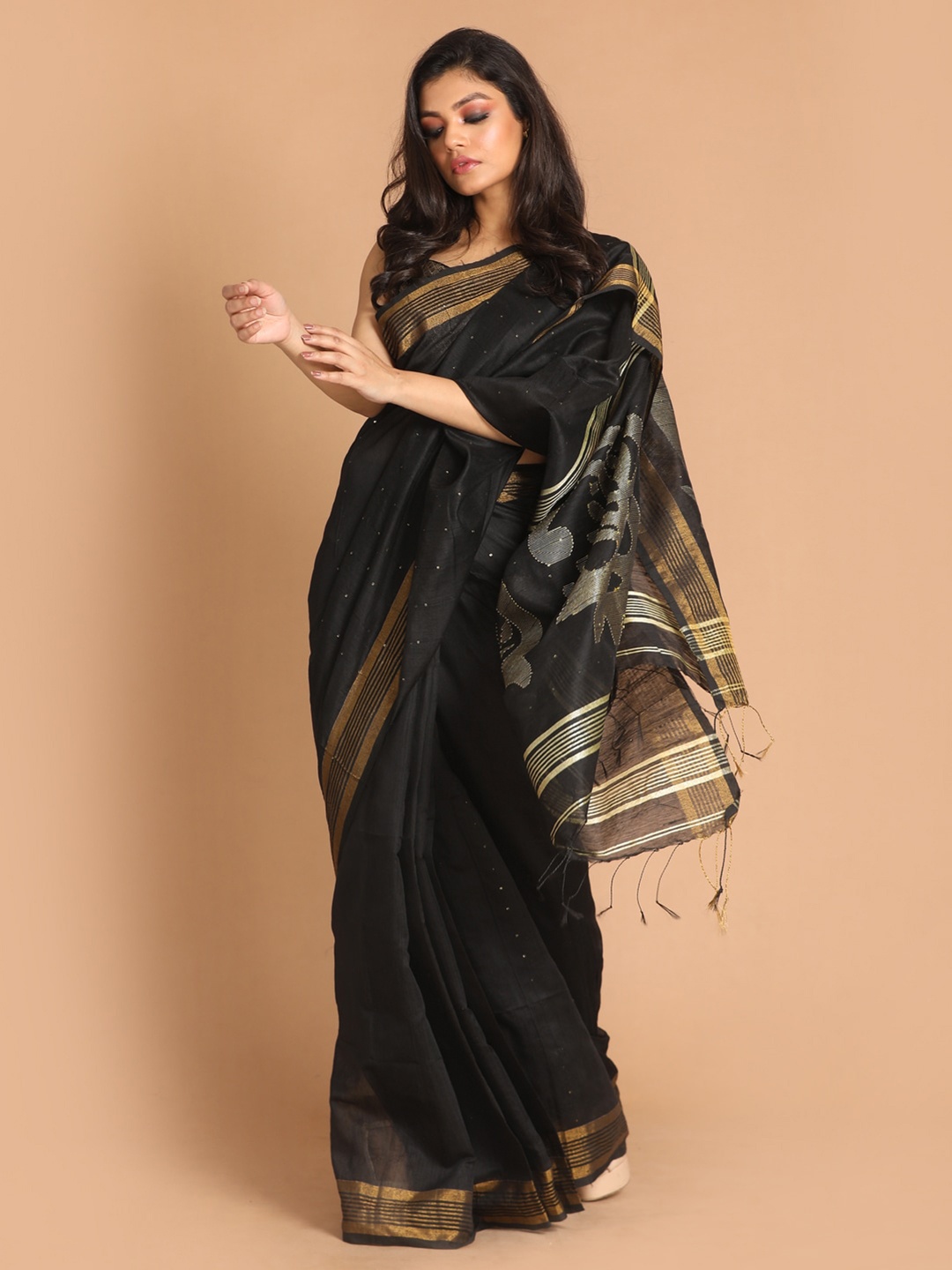 

Indethnic Black & Gold-Toned Zari Jamdani Saree