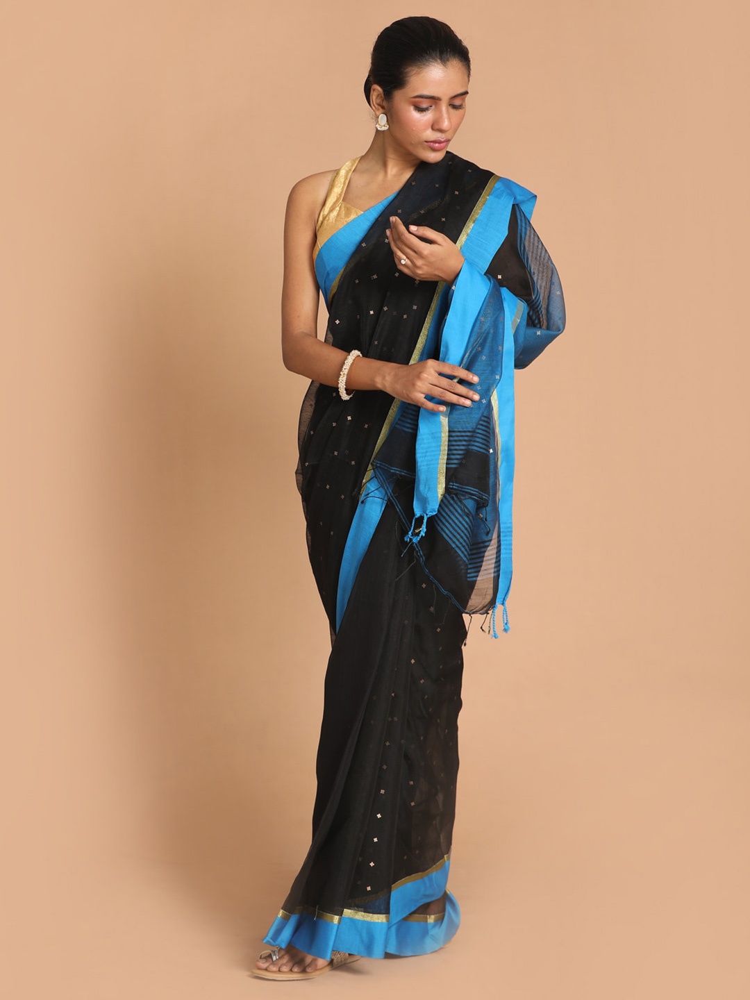 

Indethnic Black & Blue Jamdani Saree