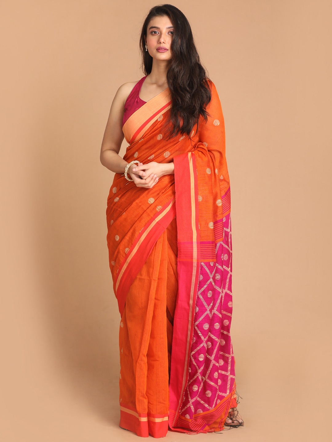 

Indethnic Orange & Magenta Woven Design Zari Jamdani Saree