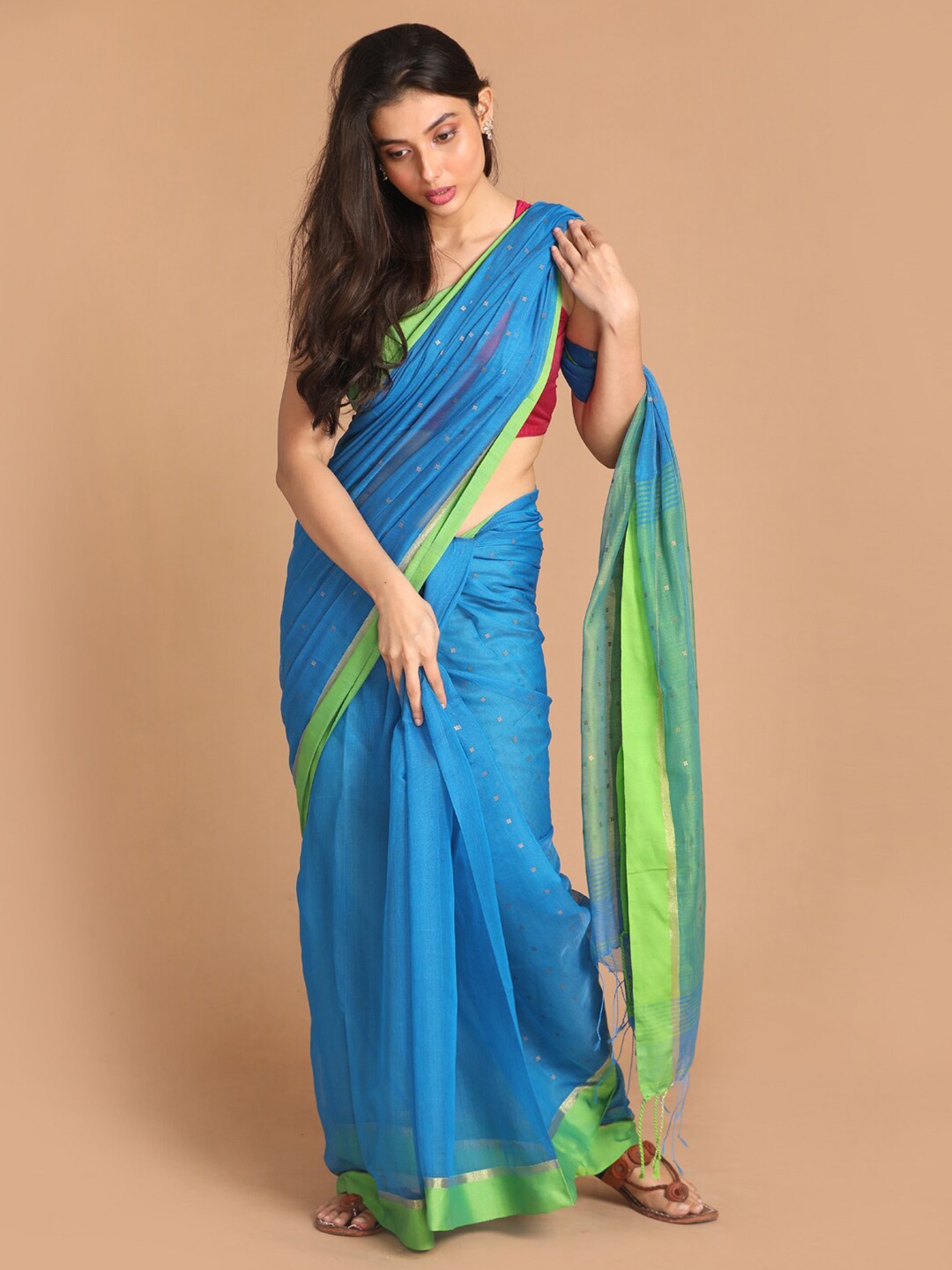 

Indethnic Blue & Green Ethnic Motifs Jamdani Saree