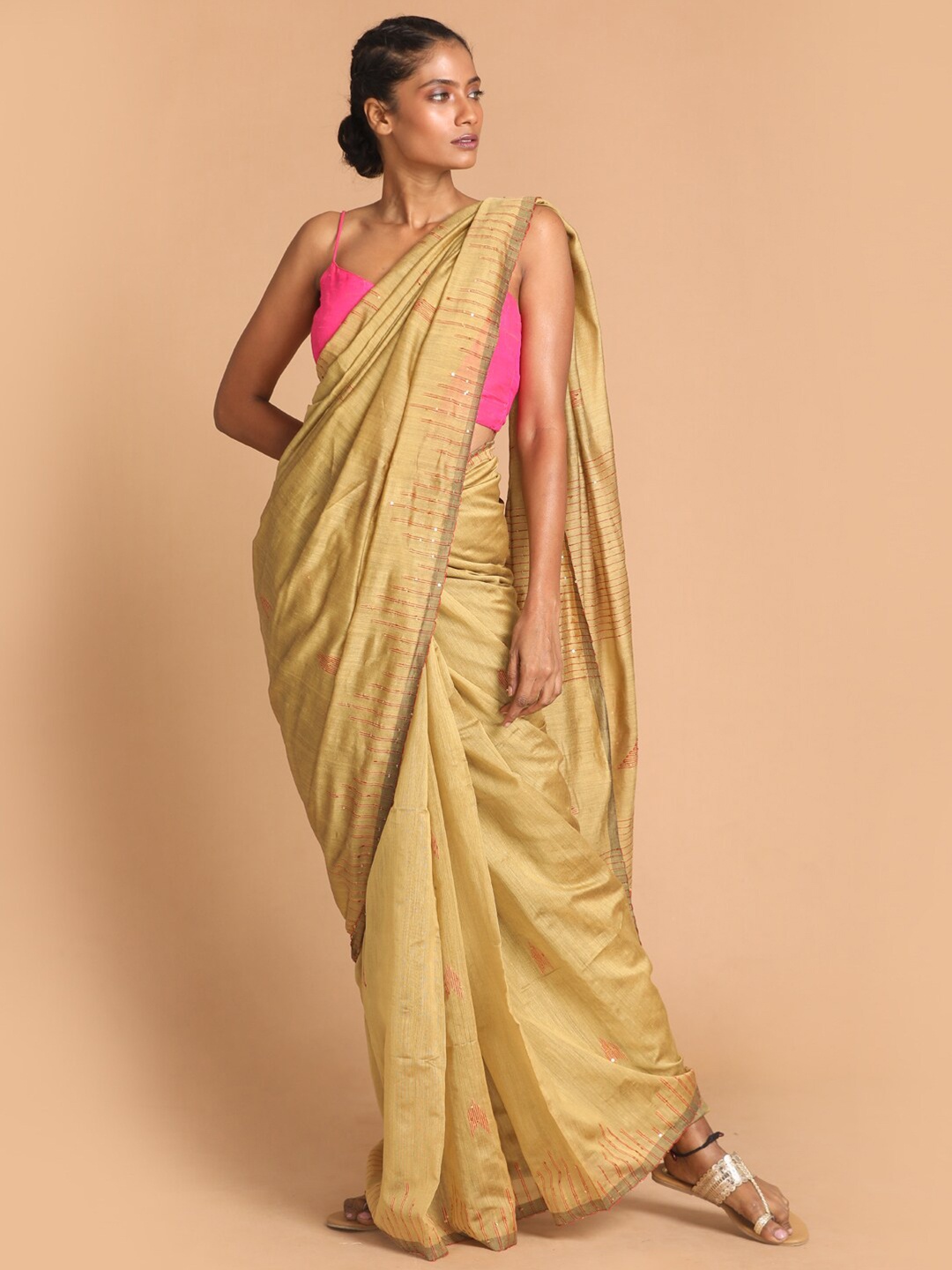 

Indethnic Beige & Red Woven Design Jamdani Saree