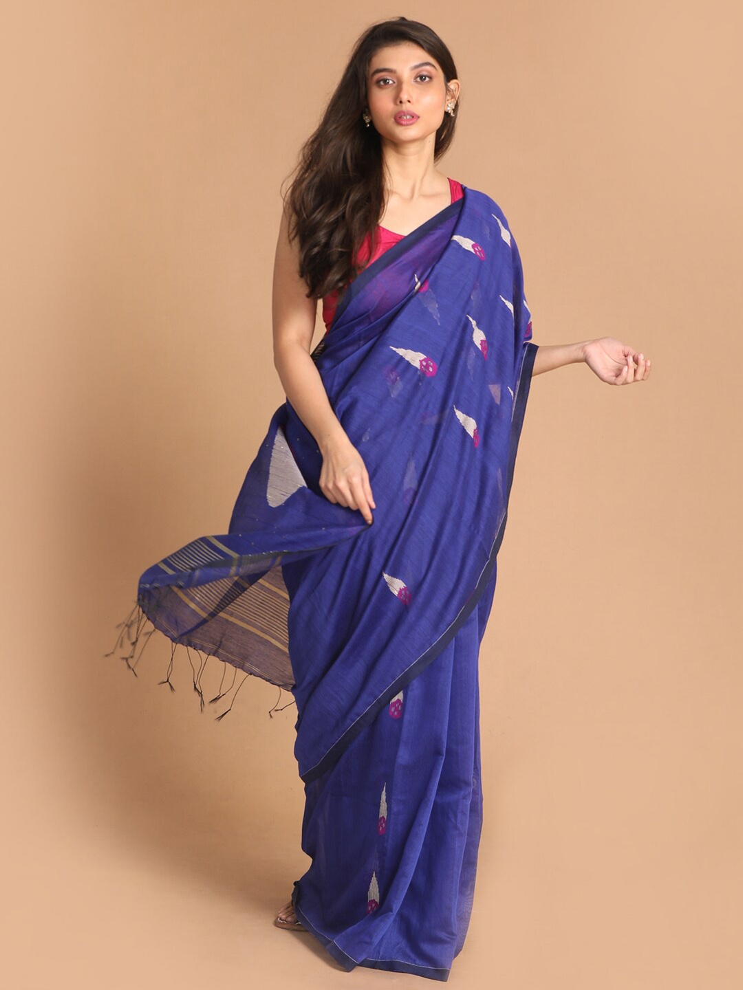 

Indethnic Blue & Cream-Coloured Ethnic Motifs Jamdani Saree