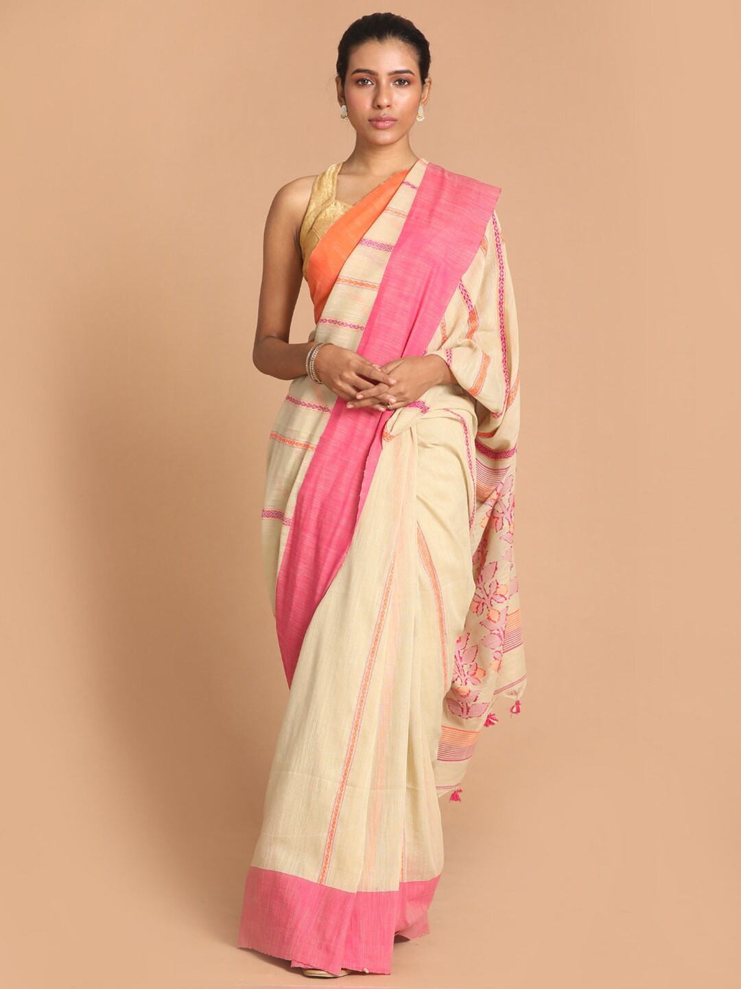 

Indethnic Beige Striped Pure Cotton Jamdani Saree