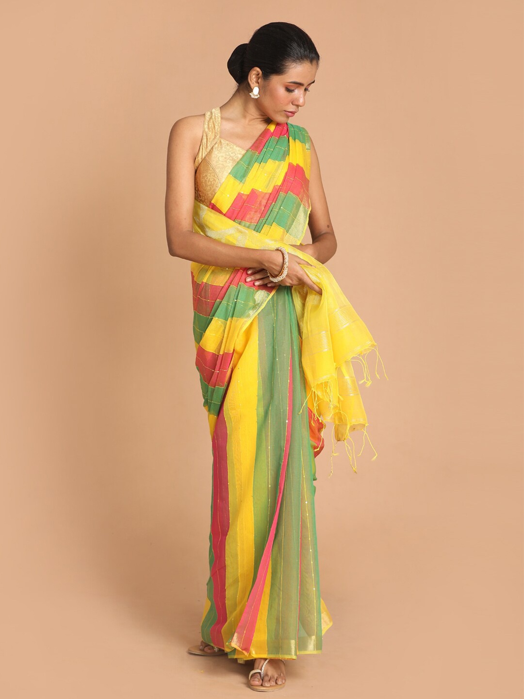 

Indethnic Yellow & Pink Embellished Sequinned Jamdani Saree