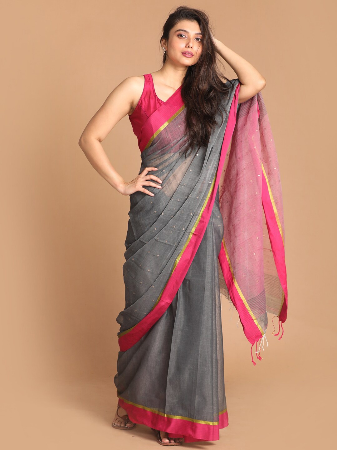 

Indethnic Grey & Magenta Jamdani Saree