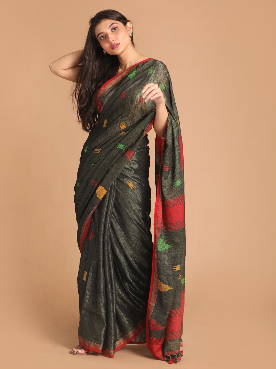 

Indethnic Black & Red Woven Design Jamdani Saree