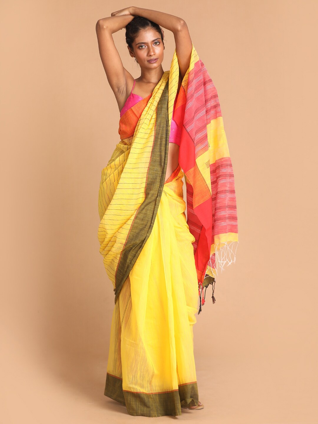 

Indethnic Yellow & Pink Striped Jamdani Saree