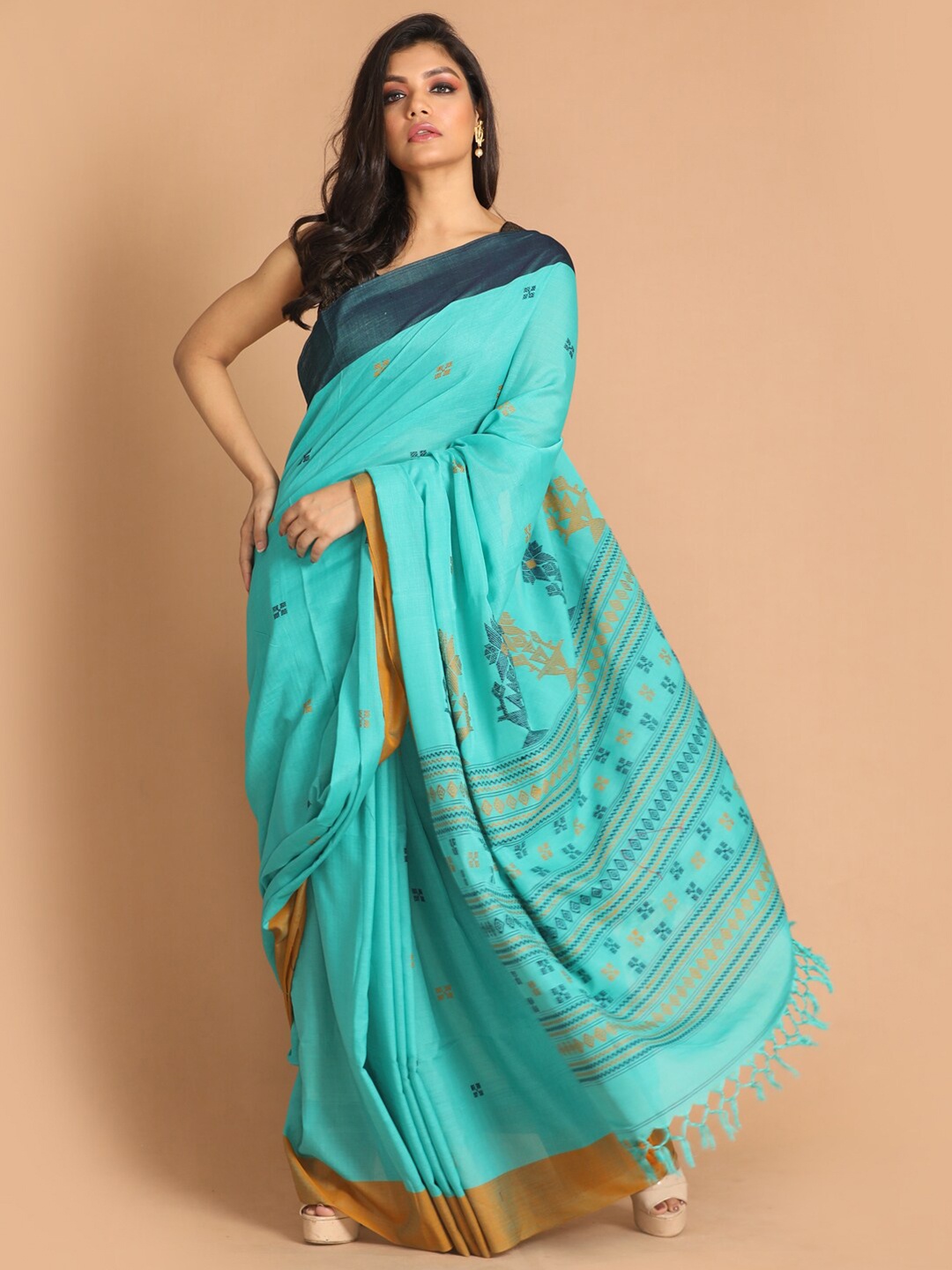

Indethnic Blue & Mustard Woven Design Pure Cotton Jamdani Saree