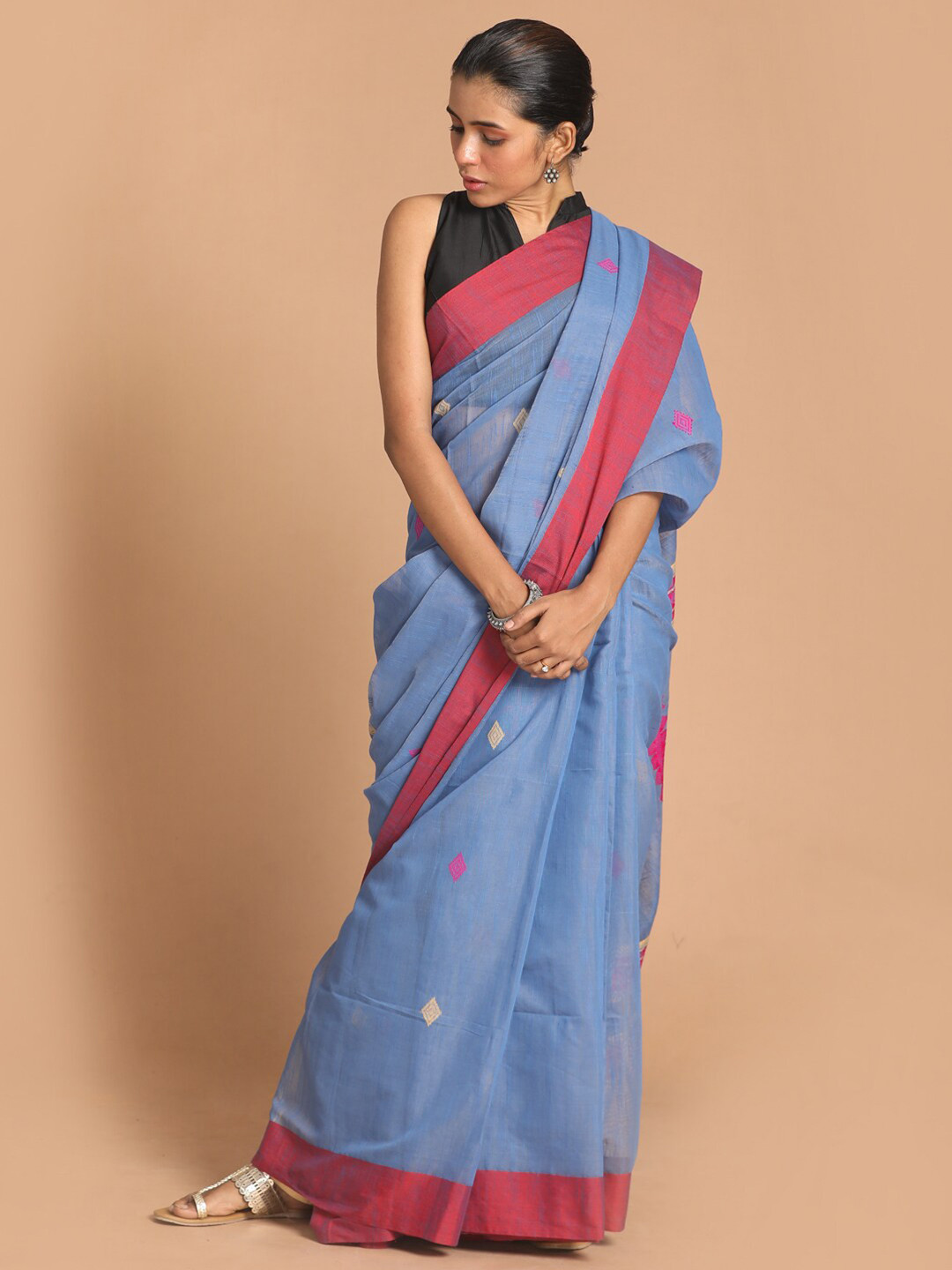 

Indethnic Blue & Red Woven Design Jamdani Saree