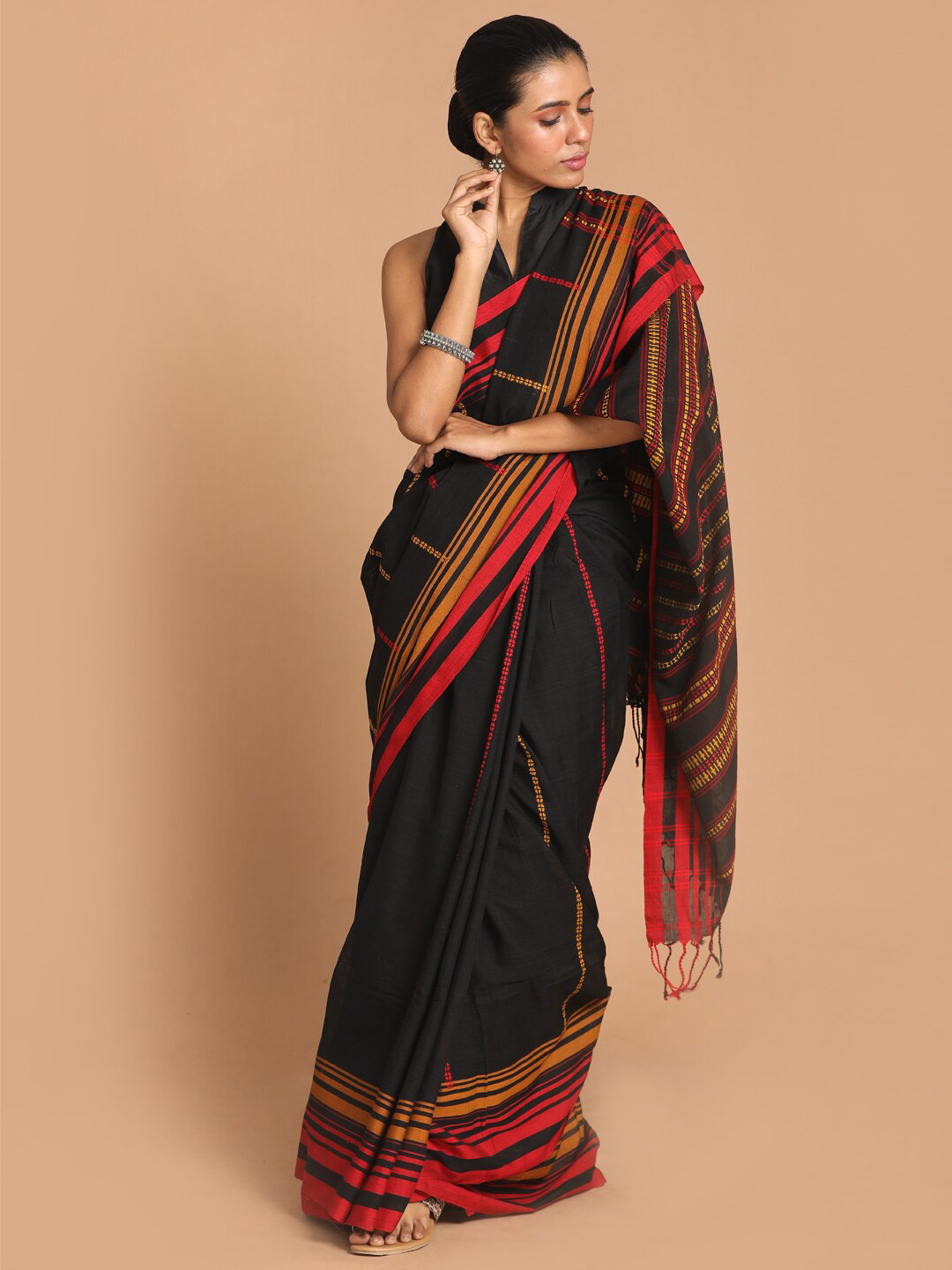 

Indethnic Black & Red Striped Pure Cotton Jamdani Saree