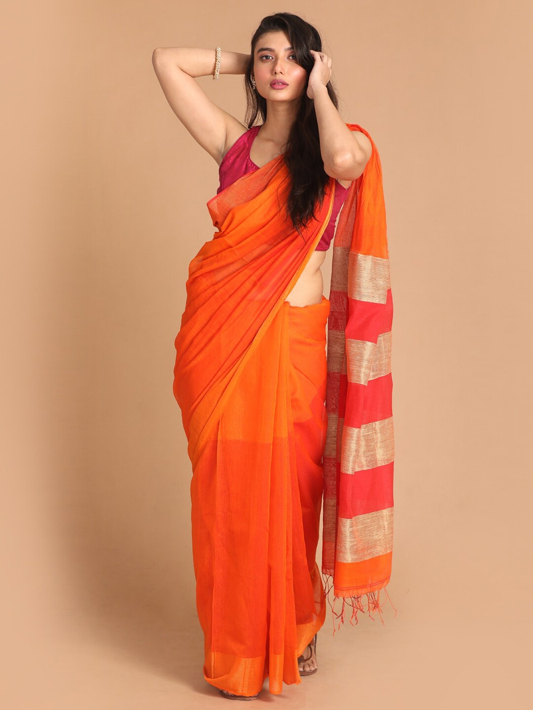 

Indethnic Orange & Red Zari Jamdani Saree