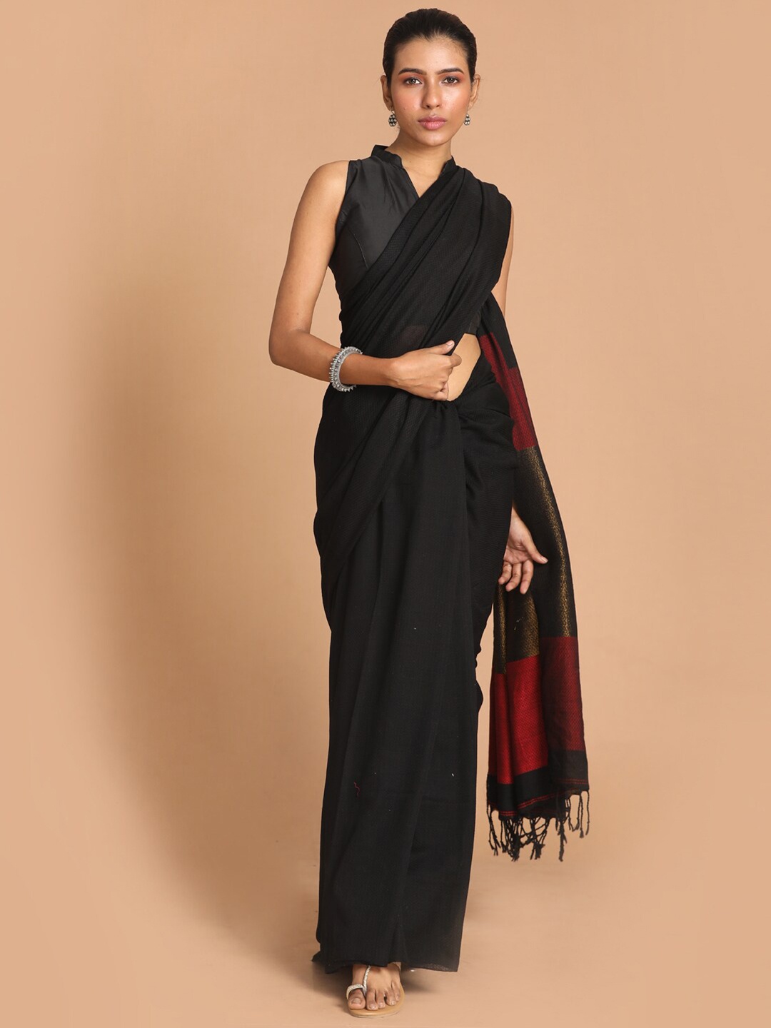 

Indethnic Black & Red Zari Pure Cotton Jamdani Saree