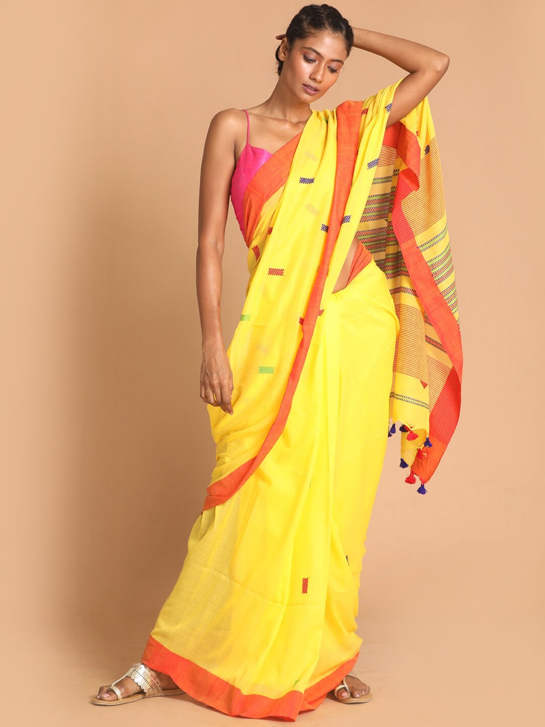

Indethnic Yellow & Red Pure Cotton Jamdani Saree