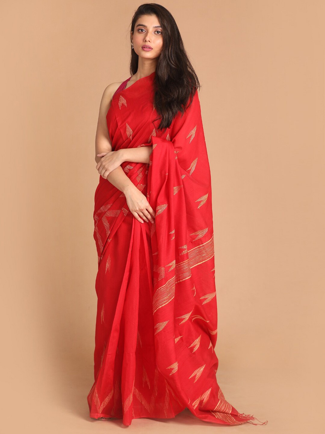 

Indethnic Red & Gold-Toned Woven Design Jamdani Saree
