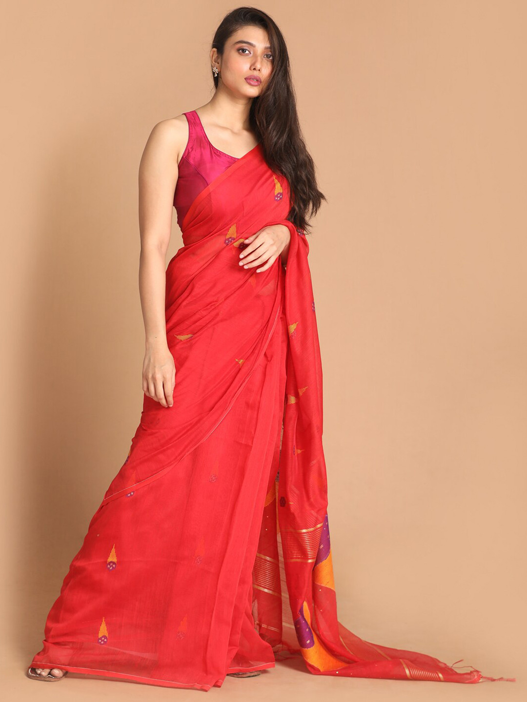 

Indethnic Red & Purple Woven Design Zari Jamdani Saree