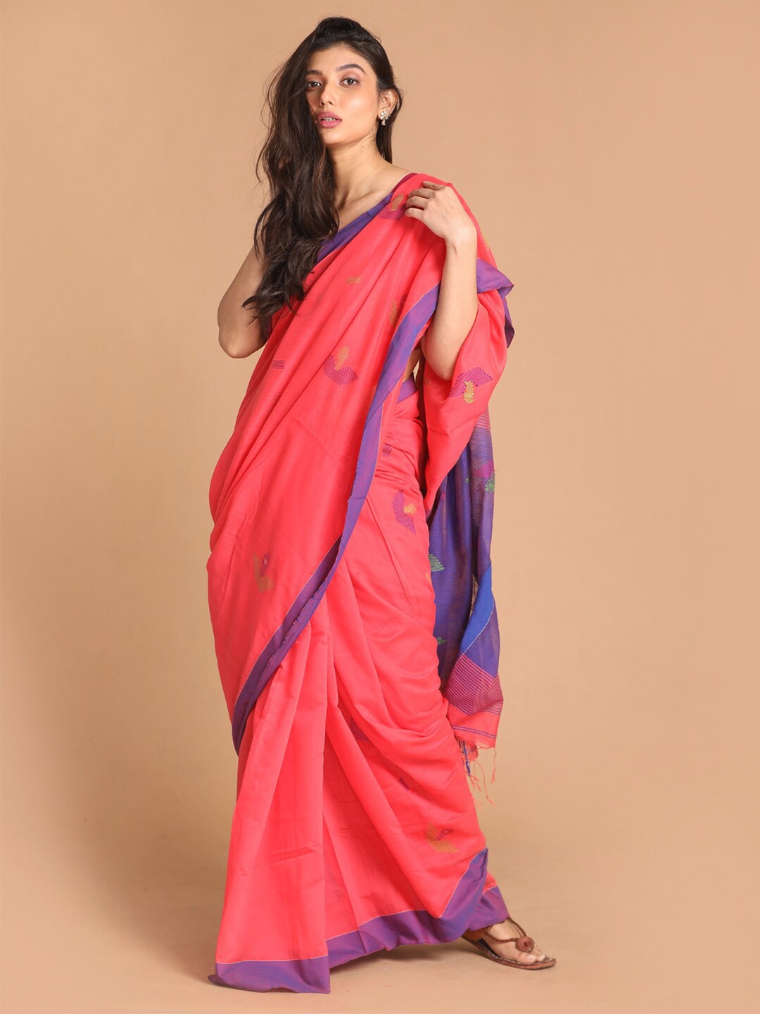 

Indethnic Pink & Blue Woven Design Jamdani Saree