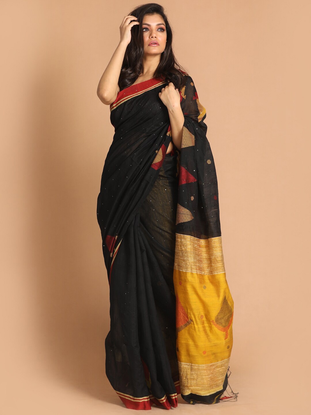 

Indethnic Black & Red Woven Design Jamdani Saree