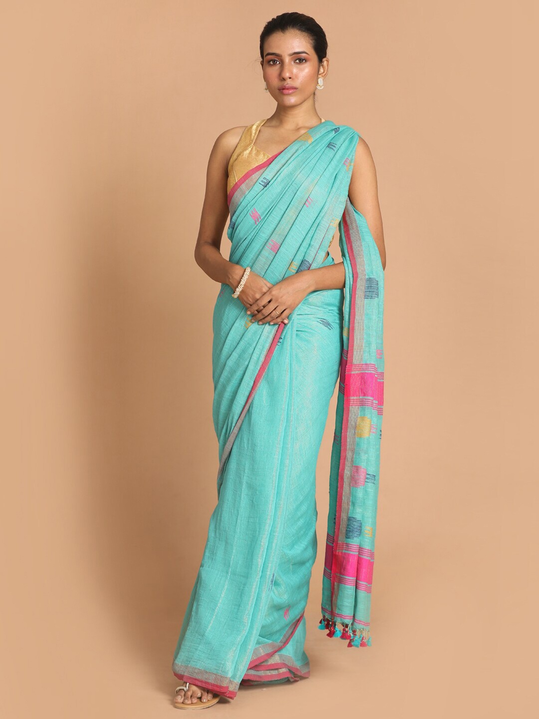 

Indethnic Turquoise Blue & Pink Jamdani Saree
