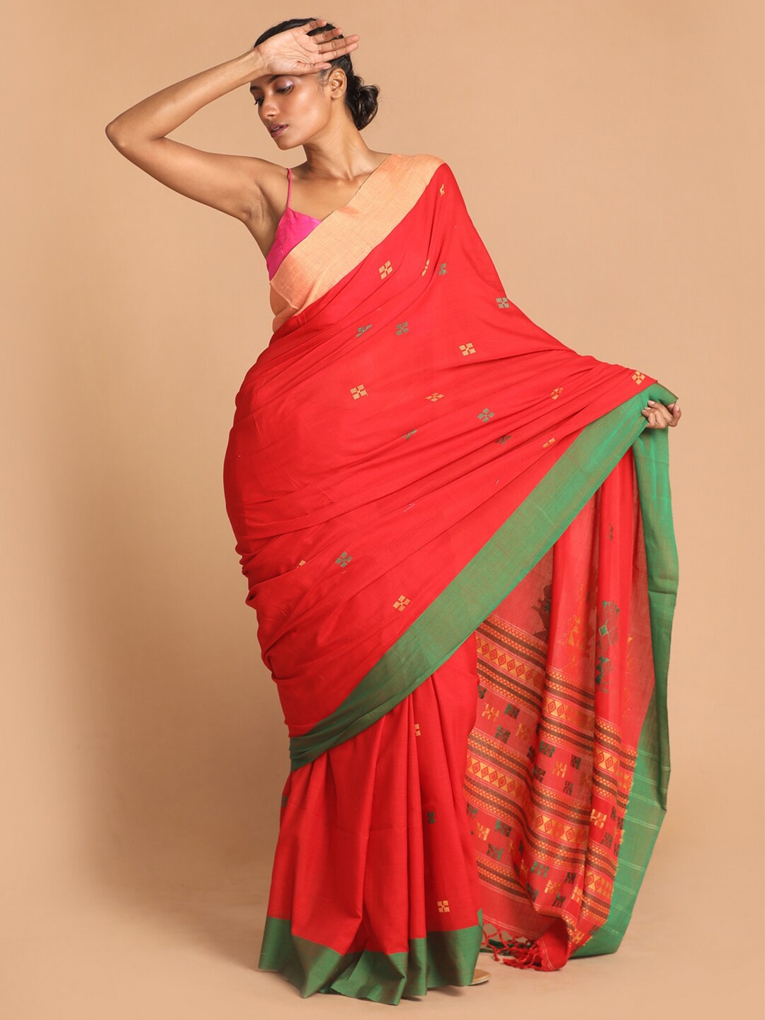 

Indethnic Red Ethnic Motifs Pure Cotton Jamdani Saree