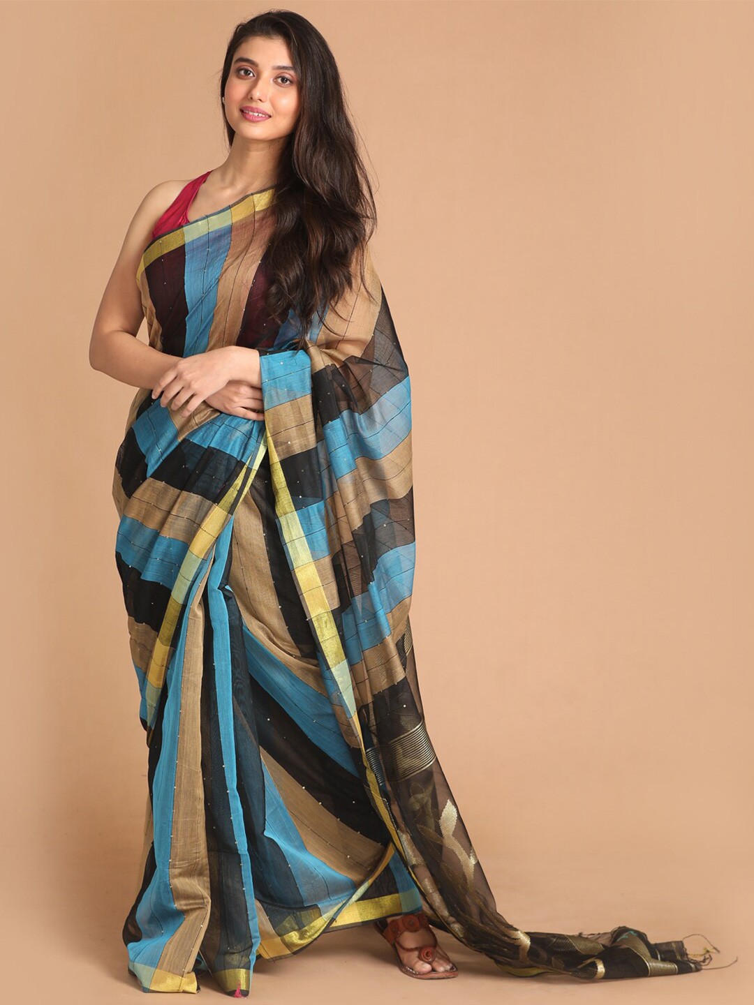 

Indethnic Black & Blue Striped Sequinned Jamdani Saree