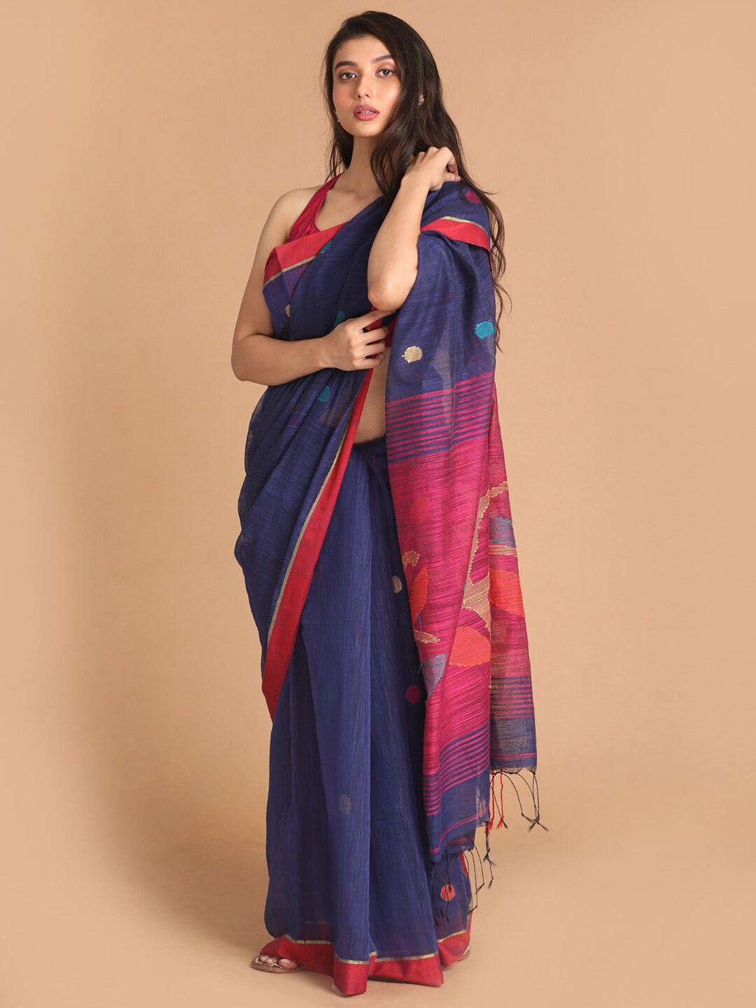 

Indethnic Blue & Pink Woven Design Jamdani Saree