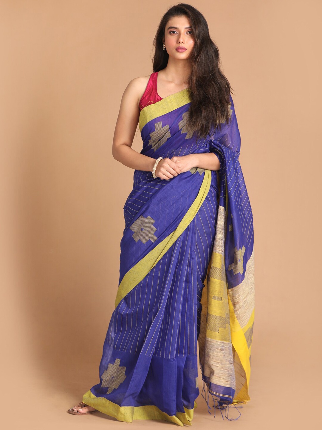 

Indethnic Blue & Yellow Ethnic Motifs Jamdani Saree
