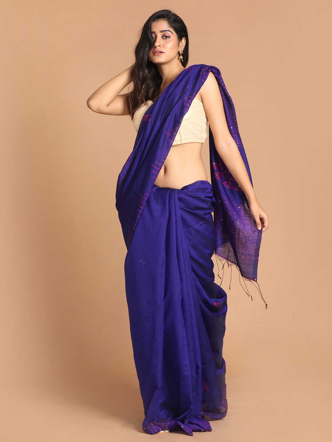 

Indethnic Blue & Fuchsia Pink Woven Design Sequinned Jamdani Saree