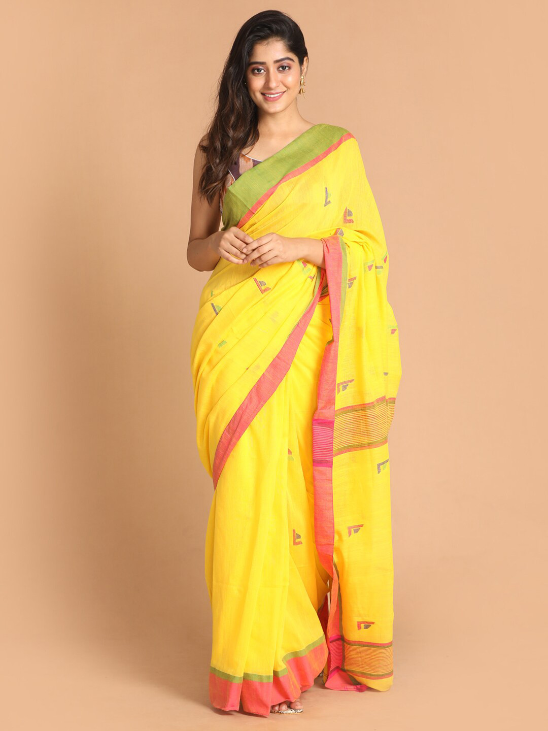 

Indethnic Yellow & Pink Woven Design Pure Cotton Jamdani Saree