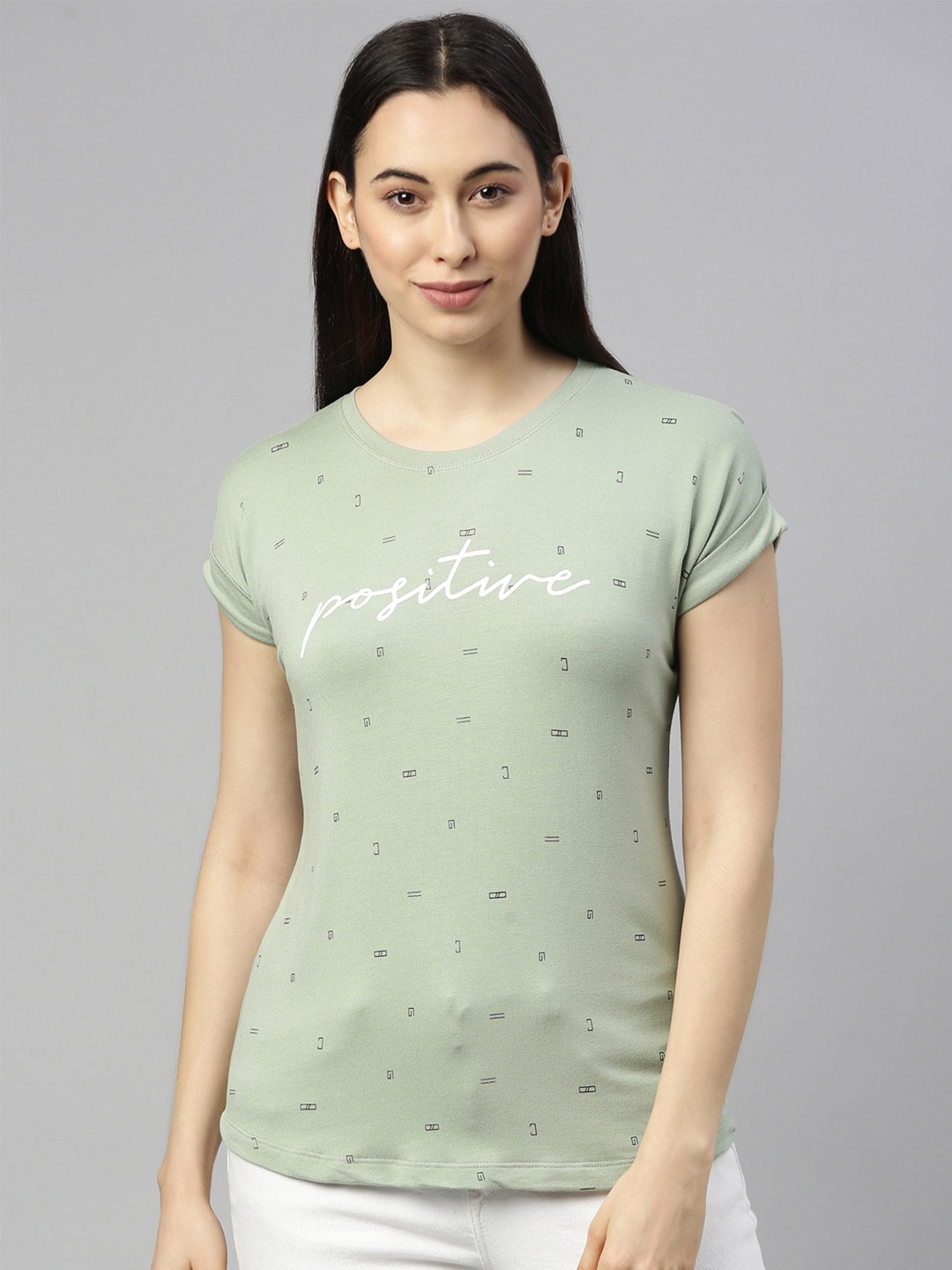 

GOLDSTROMS Women Green & White Printed Extended Sleeves T-shirt