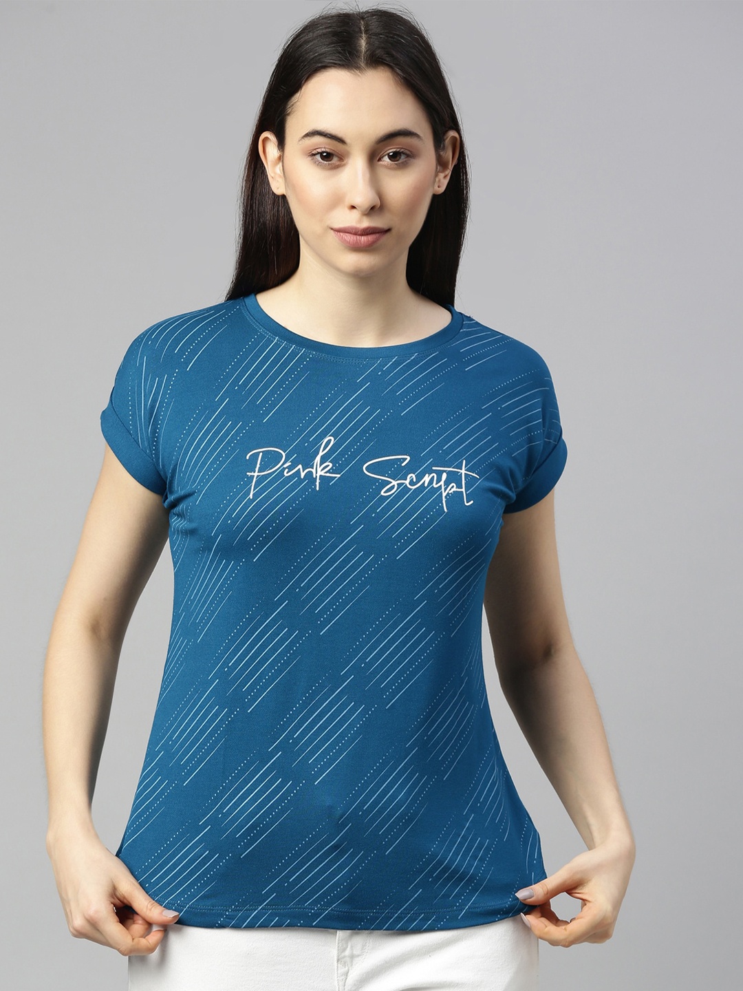 

GOLDSTROMS Women Blue & Off White Typography Printed Extended Sleeves T-shirt