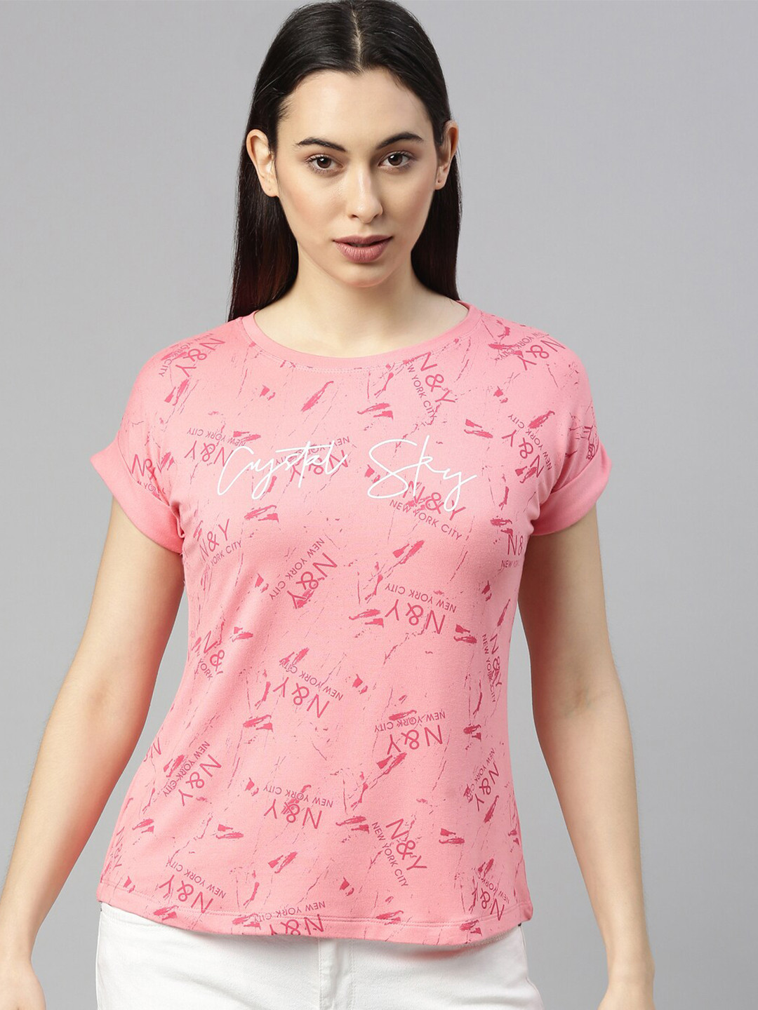 

GOLDSTROMS Women Pink Typography Printed Extended Sleeves T-shirt