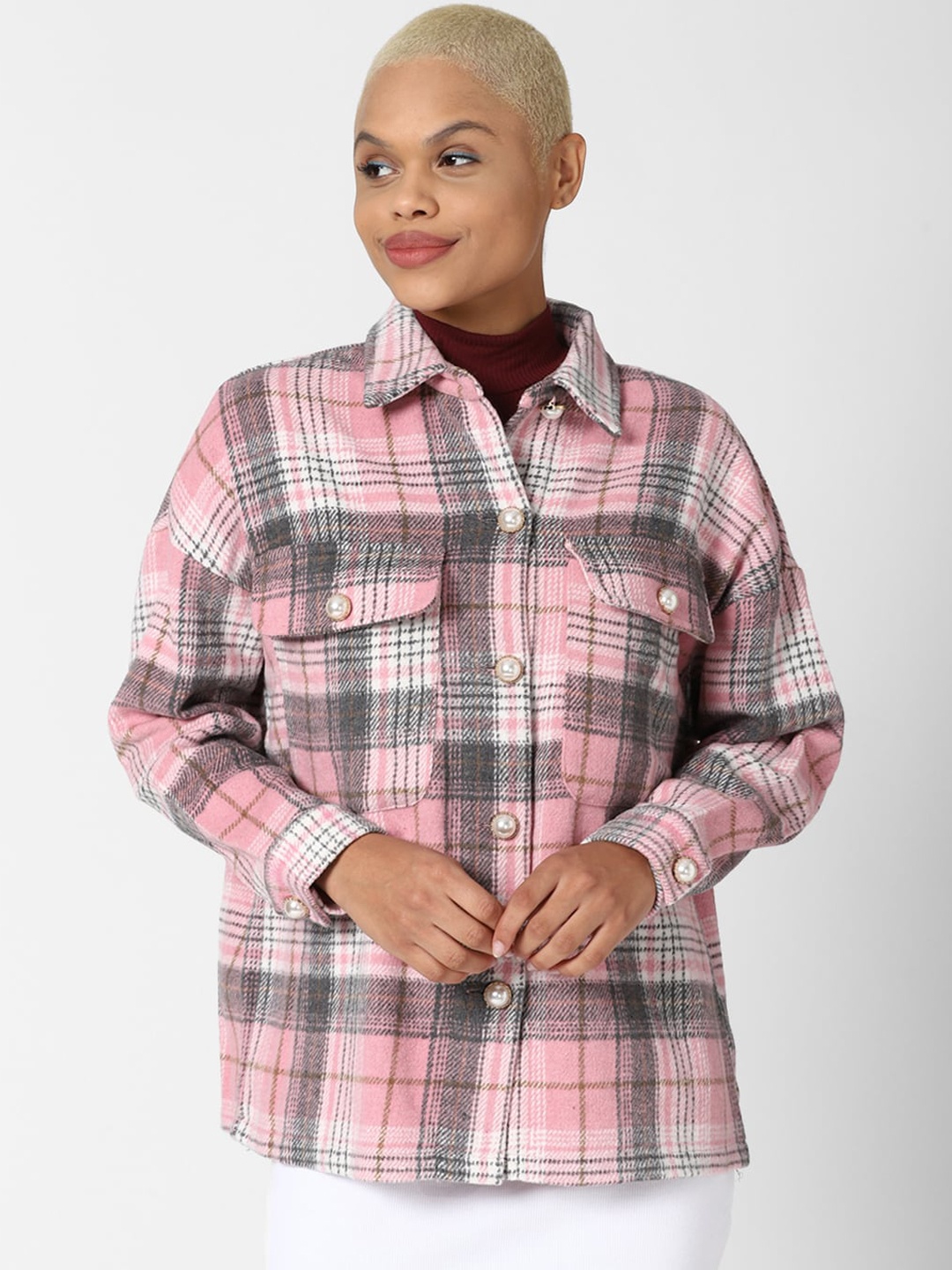 

FOREVER 21 Women Pink White Checked Tailored Jacket