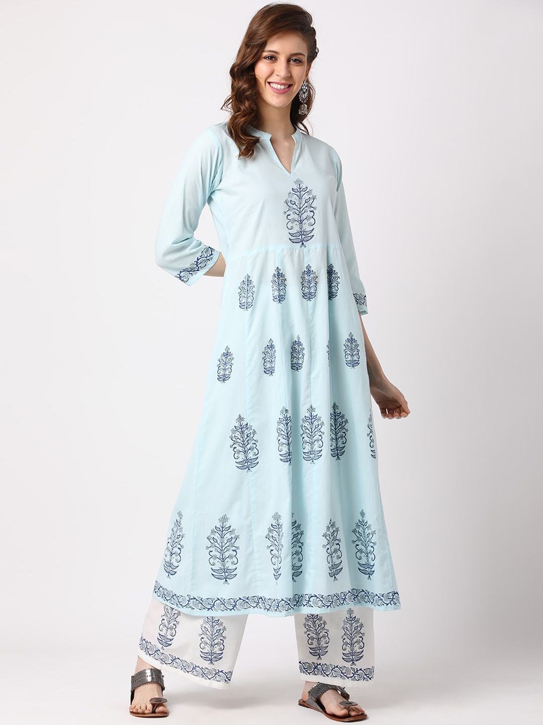 

THE NKS PLUS Women Blue Ethnic Motifs Printed Empire Pure Cotton Kurta with Palazzos