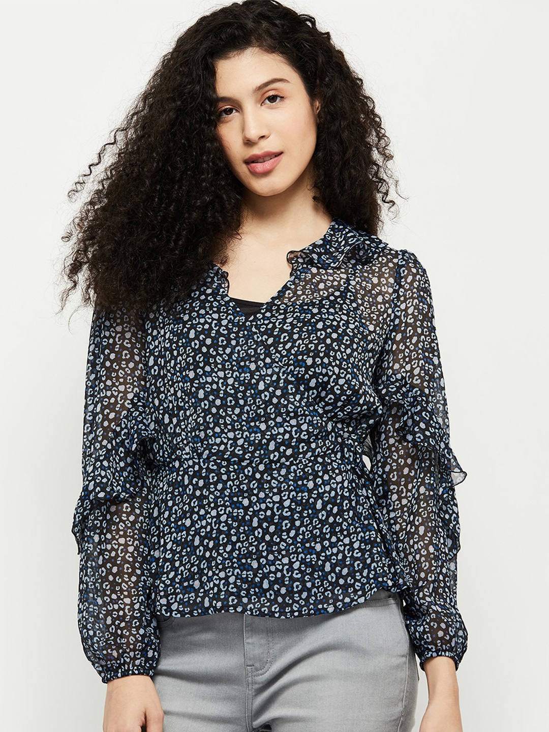 

max Black & Navy Blue Floral Print Mandarin Collar Sheen Cinched Waist Top