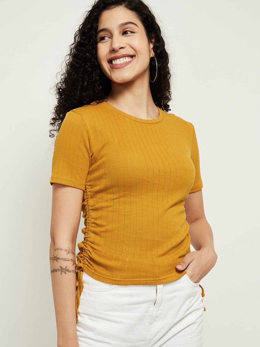 

max Mustard Yellow Self Design Regular Top