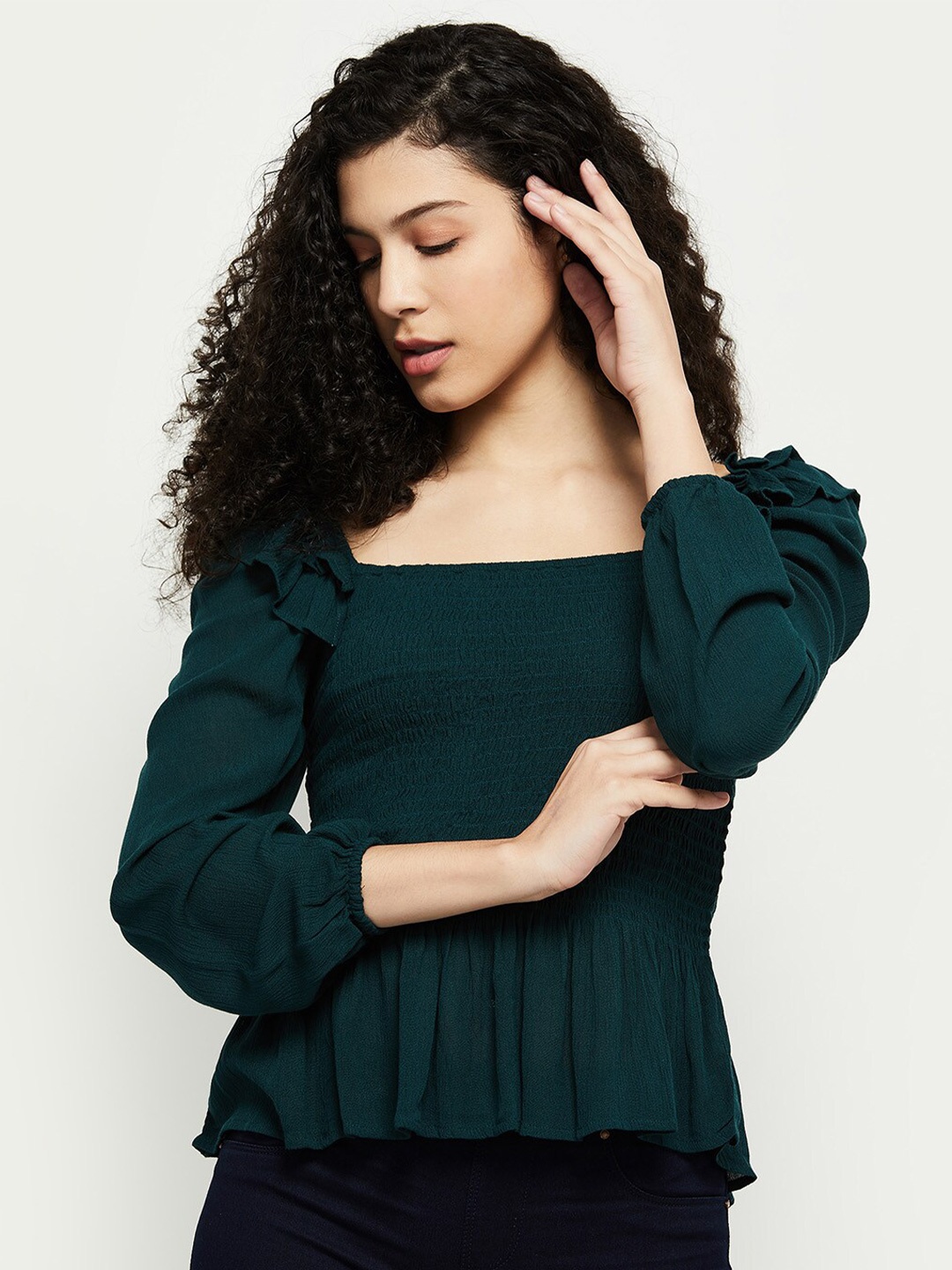 

max Teal Bishop Sleeves Peplum Top