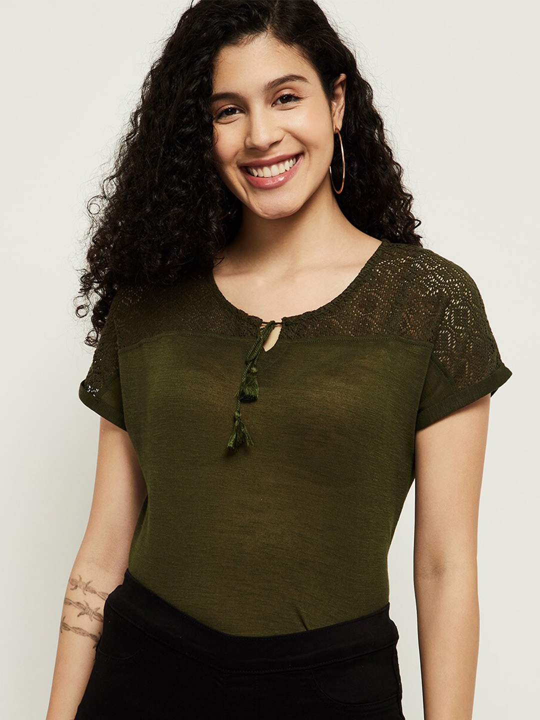 

max Olive Green Tie-Up Neck Top
