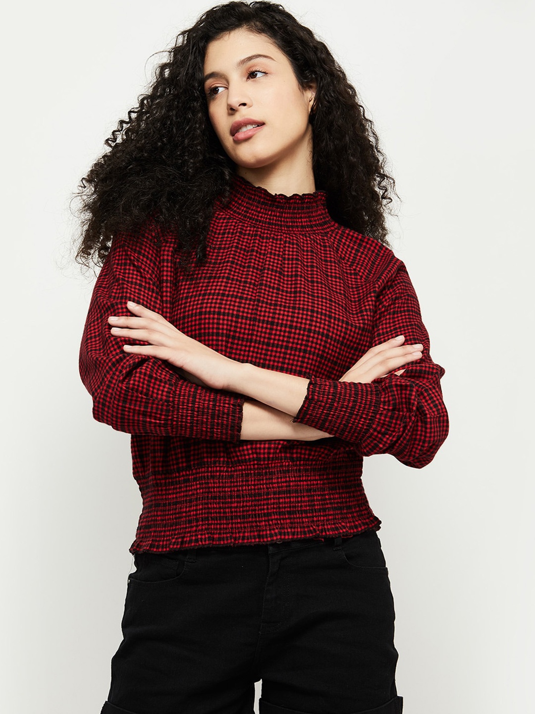 

max Red & Black Checked Cinched Waist Cotton Blend Top