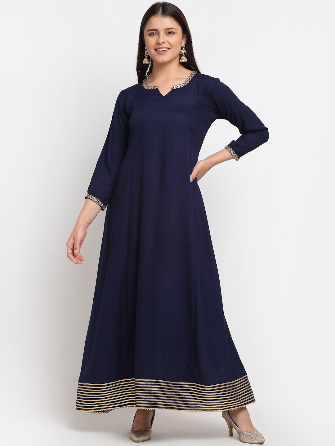 

anokherang Women Navy Blue Cold-Shoulder Sleeves Floral Handloom Kurta