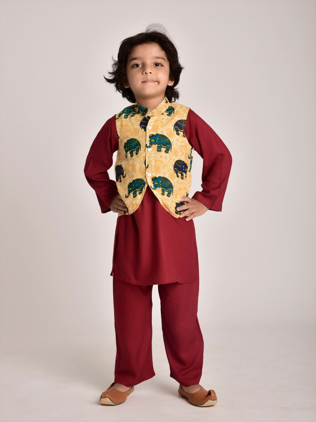 

CUTE LEMONS Boys Maroon & Orange Solid Straight Kurta With Pyjamas & Nehru Jacket