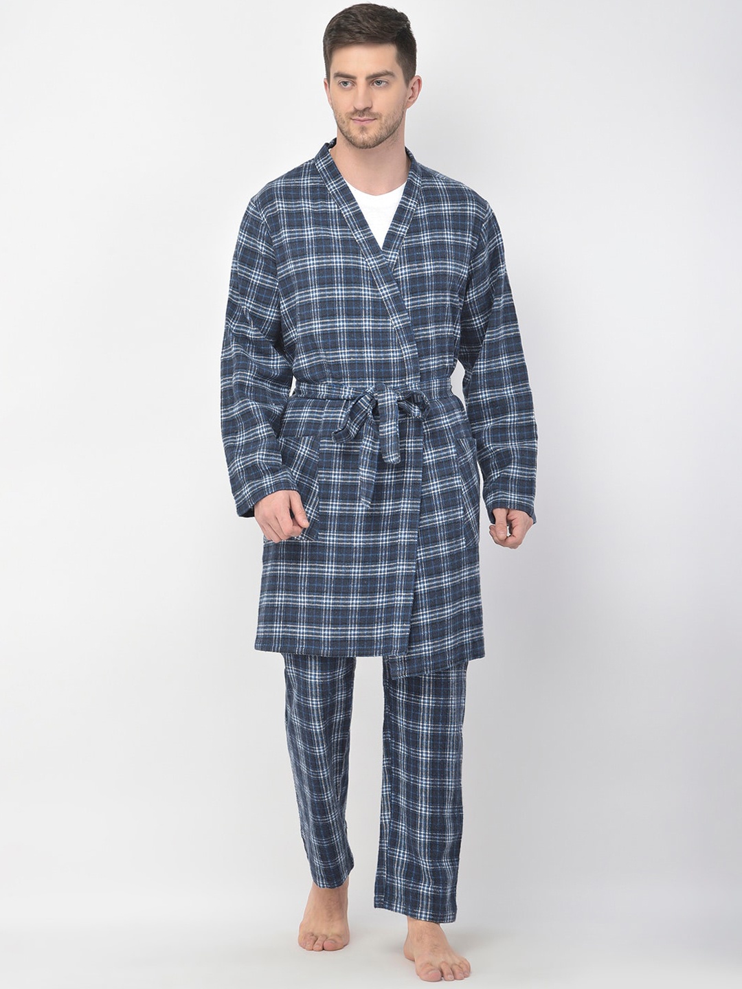 

Oxolloxo Men Navy Blue Checked Cotton Robe